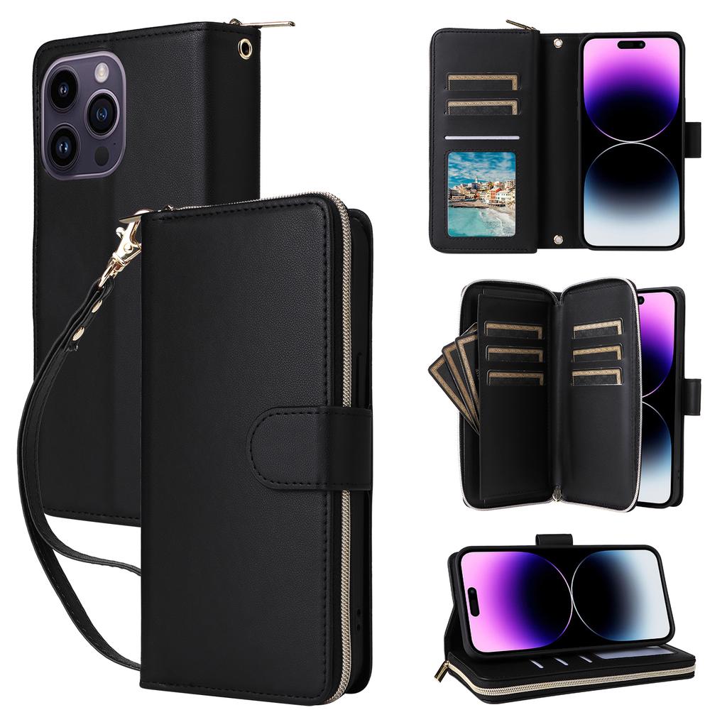 R20 For iPhone 14 Pro Case Zipper Pocket PU Leather Cover with 9 Card Slots