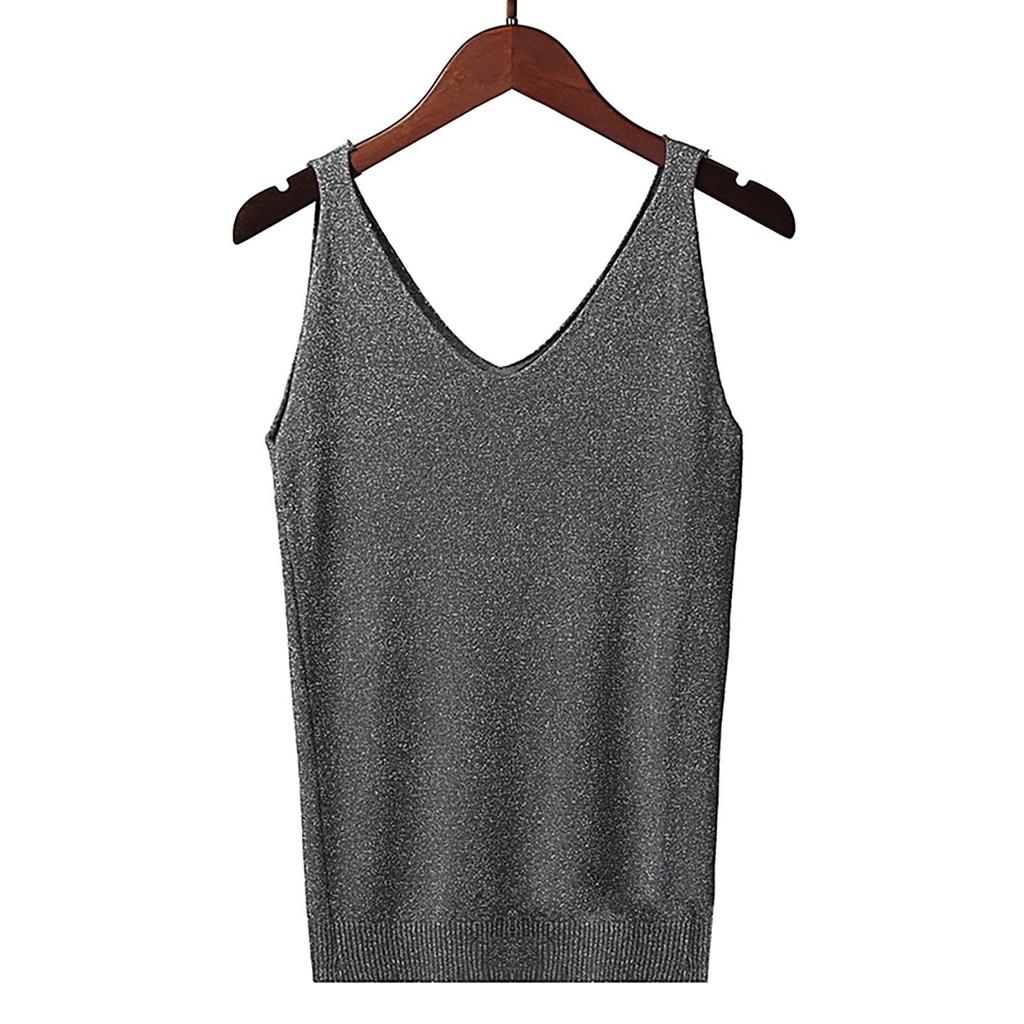 Women's Tank Top With Knitted Sequins Sexy Sleeveless V Neck Tank Top T-Shirt Casual Sequins Strappy T-Shirt Elegant Blouse