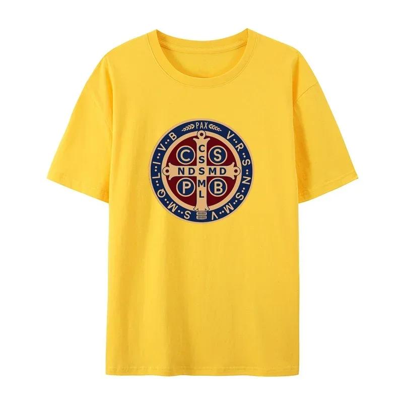 The Saint Benedict Medal Catholic Pullover Tees Camisas Men Slim Fit Mens T Shirt Printed T Shirt Cotton