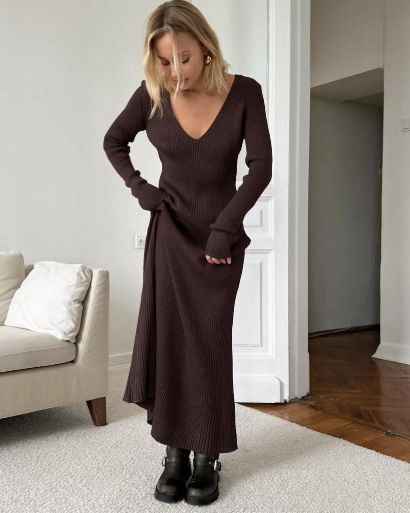 Long-sleeve V-neck Knitted Sweater Dress - 2024 Autumn/Winter European & American Style