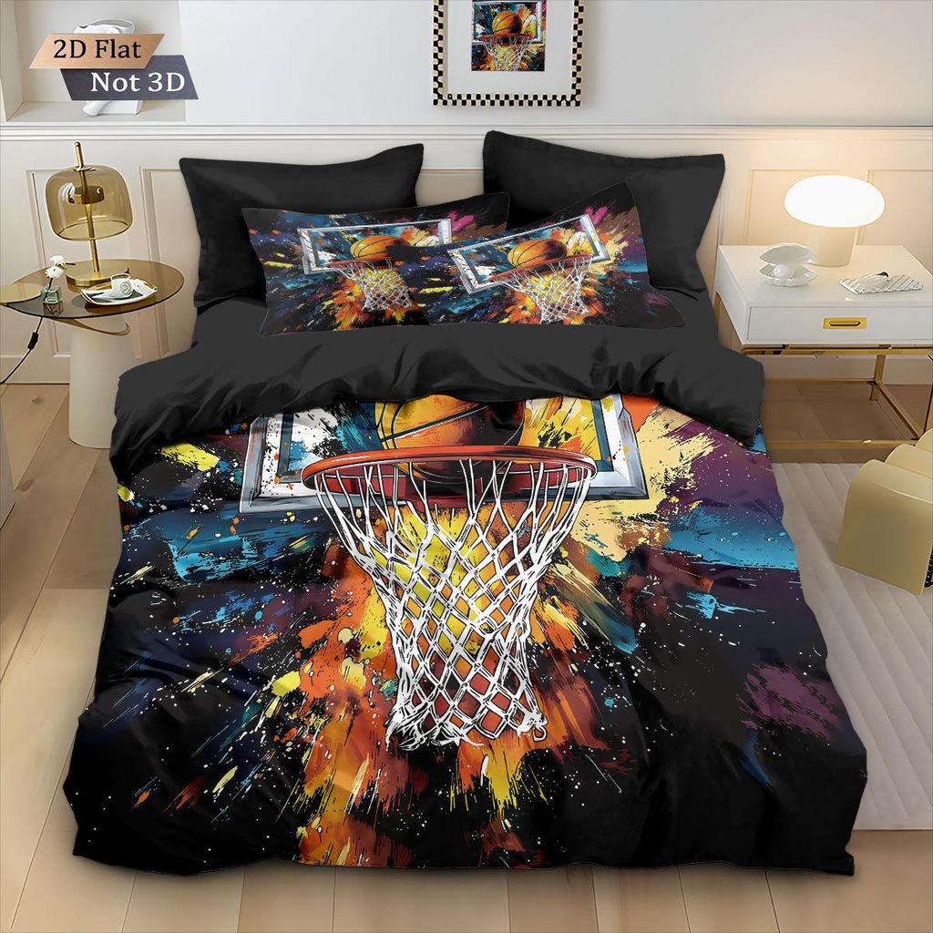 Basketballplatz Sportdruck 3-teiliges Bettwäscheset: Bettbezug & Kissenbezüge