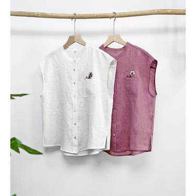 Literary Retro Women's Sleeveless Linen Embroidered Blouse - Summer Stand Collar Loose Fit, Slimming Plus Size.