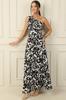 Women's One Shoulder Side Window Ethnic Pattern Long Crepe Satin Dress