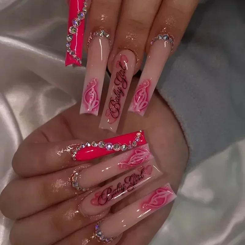 24Pcs Long Coffin False Nails with Love Rhinestone Design Pink French Ballet Fake Nails Manicure Tips Wearable Press on Nails