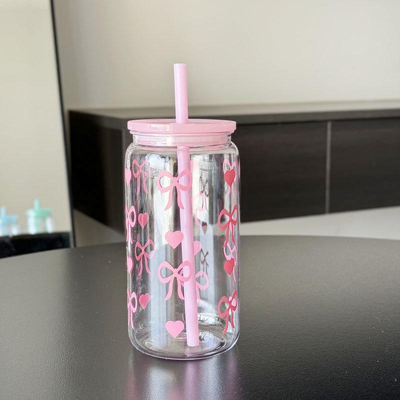 Kawaii Water Bottle Aesthetic Tumbler For Ice Coffee Juice Tea Cute Bowknot Plastic Cups With Straw Lid Portable Drinking Bottle
