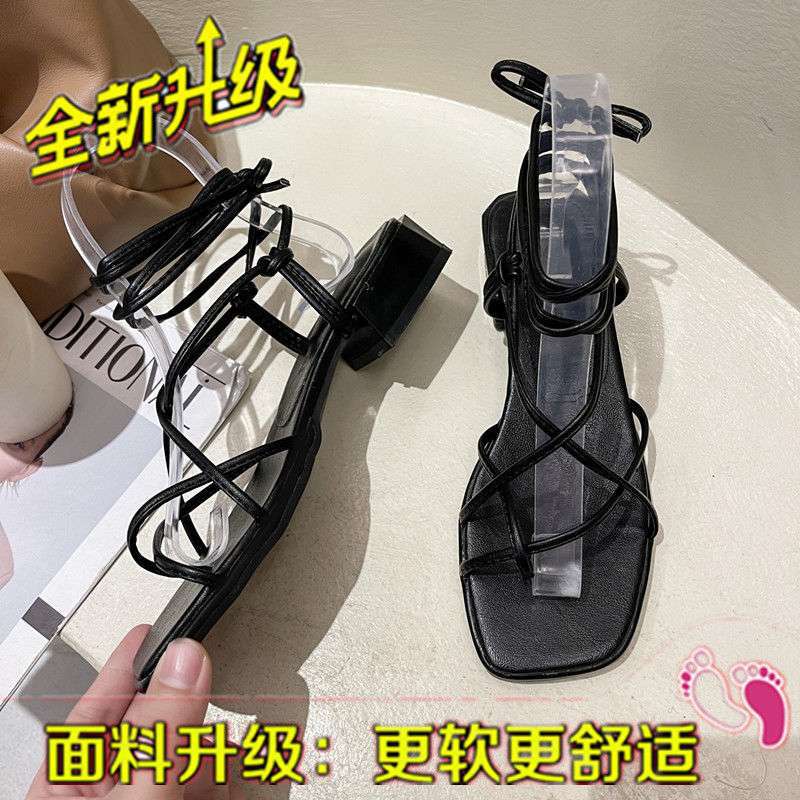 Summer 2025 New Versatile Cross-strap Open-toed Square-headed Fairy Wind Mid-heel Lace-up Roman Sandals