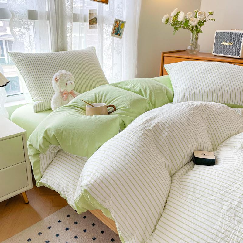 Minimalist Washed Cotton Bedding Set: Three-Piece for Dorm Beds, Includes Sheet, Duvet Cover, and Four Pillowcases