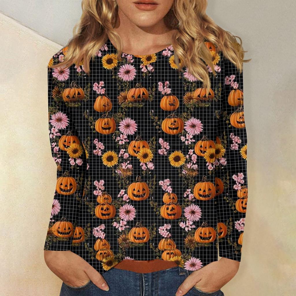 Women's Fashion Casual Halloween Printed Round Neck Long Sleeve Pullover Top