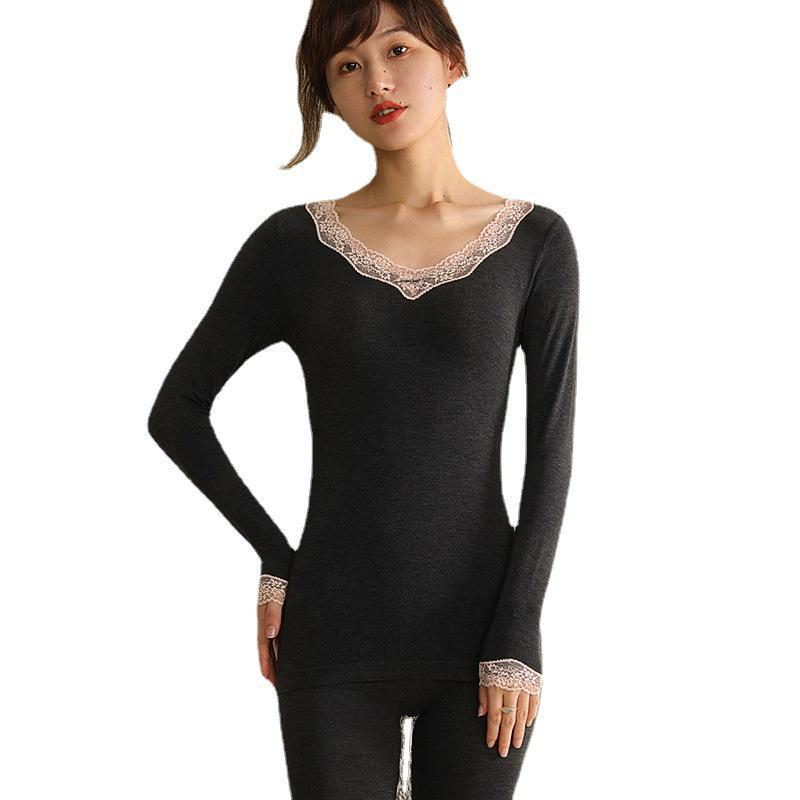 Women's V-Neck Lace Thermal Underwear Set - German Velvet & Sheep Wool, Slim Fit, Autumn/Winter Collection