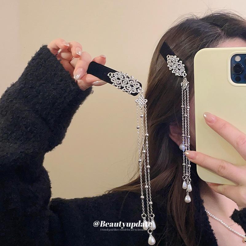 New Chinese style diamond-set flocked pearl fringed hairpin side bangs clip BB clip niche design hair accessories women