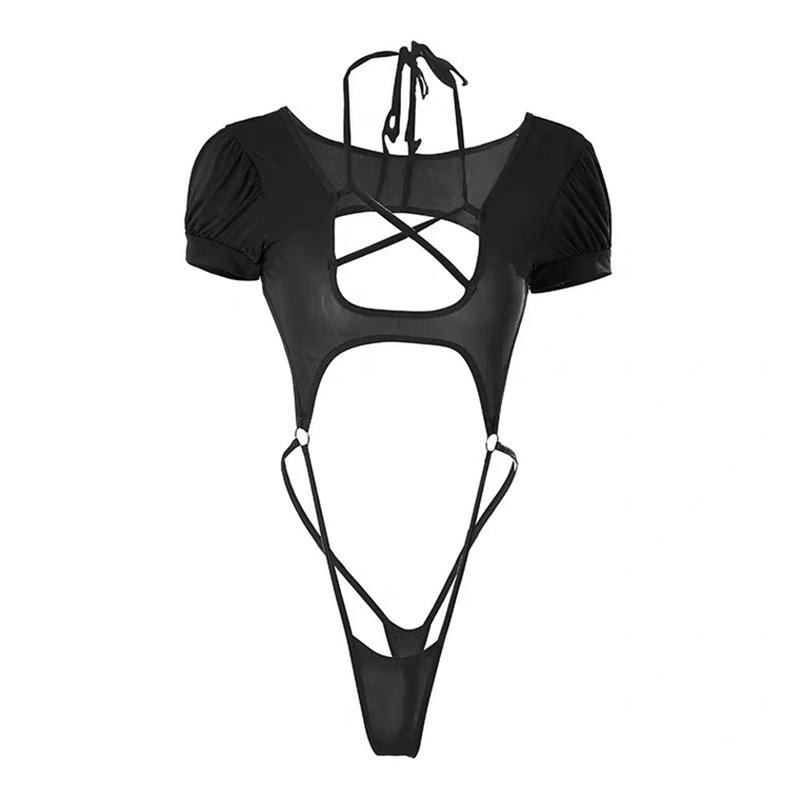 One Piece Sexy Lingerie for Women – Hollow Teddy Bodysuit, Deep V Neck, Cross Straps, Crotchless Erotic Underwear for Seductive Nights