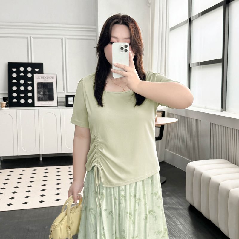 

Plus size women clothing [Gentle Sweet Set] Chubby Girl Summer Short sleeve Pleat T-shirt High Waist Floral Skirt Frost Grass Green-T-shirt 6XL