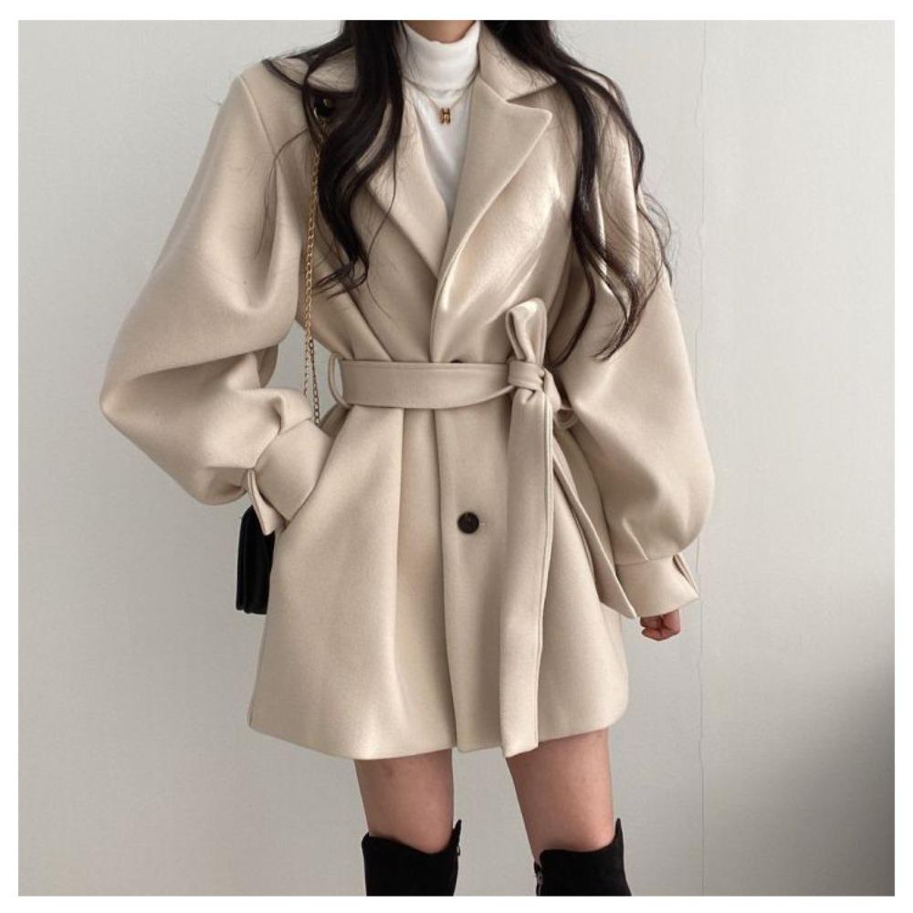 Turndown Collar Trench Women Coat Windbreaker Fitted Clothes Femme Loose Cloak Woolen Single-breasted Coat Outwear