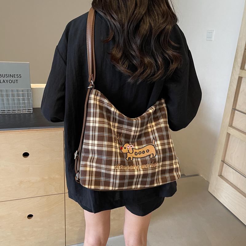 Large Capacity Backpack Women's Commuter Bag Plaid Tote Bag Cartoon Dog Shoulder Bag