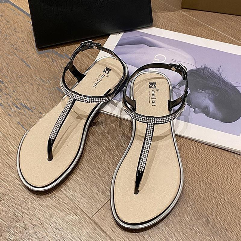 

Comemore Rhinestone Sandals for Women Flip Flops Flat-soled Casual Vacation Ladies Shoes New Summer Beach Sandales Femme 36