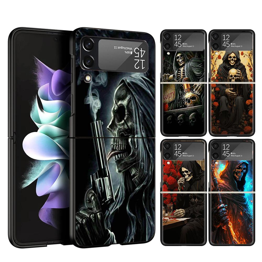 Reaper Skull Skeleton Gun Cover Phone Case For Samsung Galaxy Z Flip 7 6 5 4 3 5G Flip7 Flip6 Flip5 Flip4 Flip3 Black Fundas She