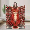 Retro Pop Art Cat Flannel Blanket, Red Black Circles, Mid-Century Modern Decor