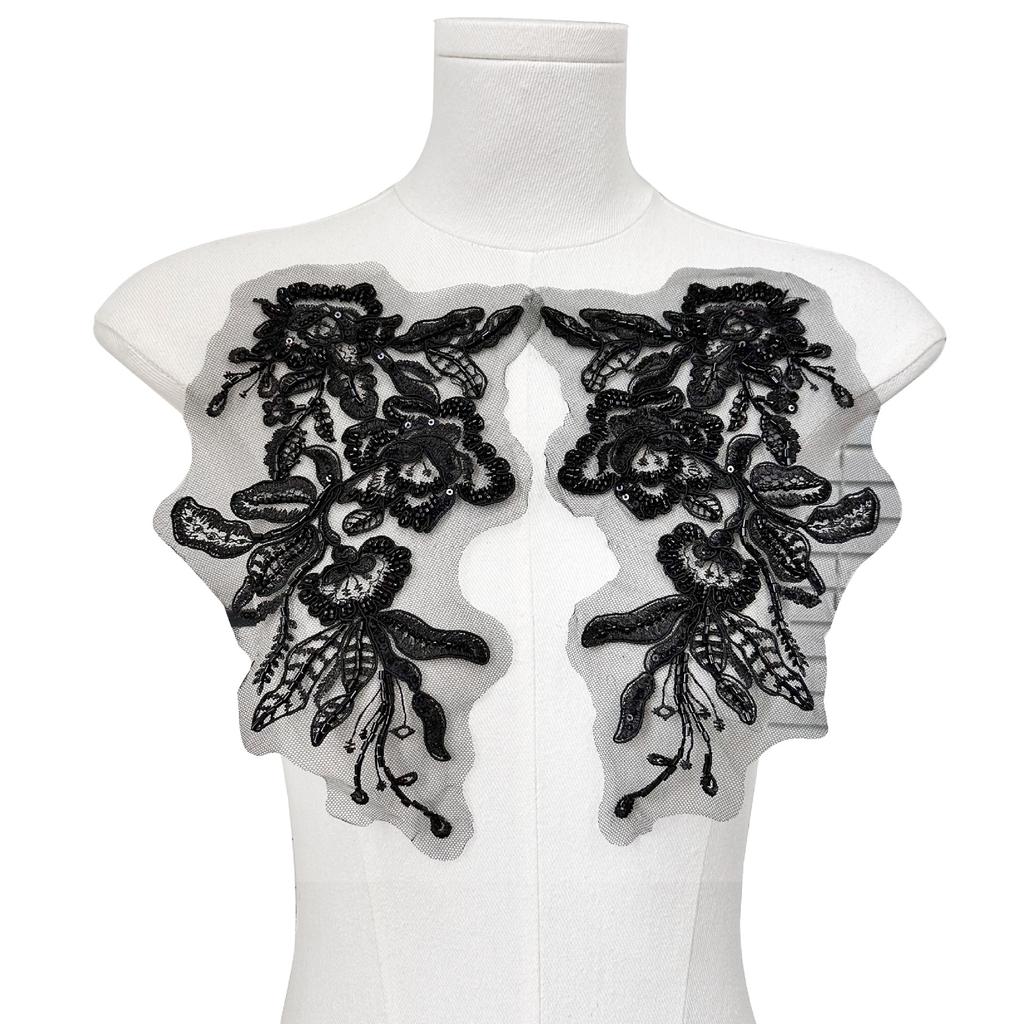 Black And White Beads Embroidery Sequins Embroidery Cloth Stickers Hand Wedding Dress Evening Dress Bone Line Flower Decoration Decal Accessories