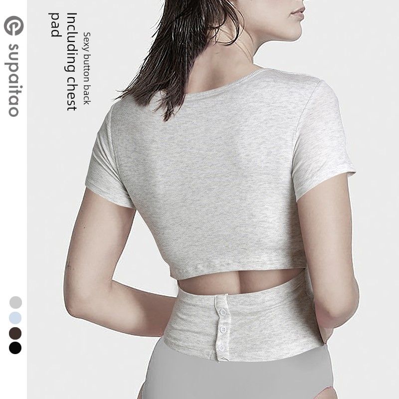 Non-Exchangeable Non-Returnable] Beauty Back Yoga Clothes Short Sleeve Tops Slim-Fit with Brassiere Pad Sports T-Shirt Pilates Workout Clothes