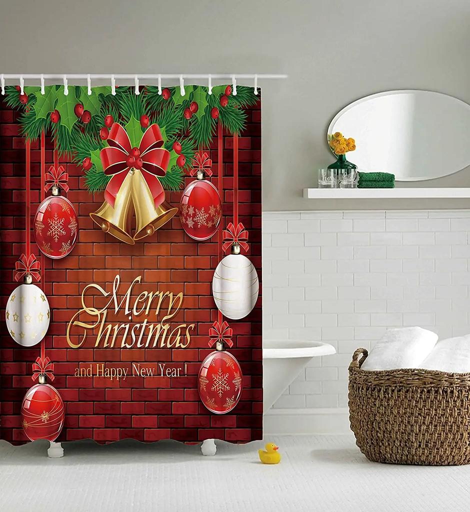 Christmas Shower Curtain Fireplace Gifts&Socks New Year Holiday Bathroom Decor Red Shower Curtains for Christmas Bathroom Sets