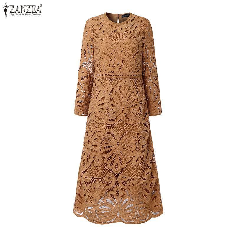 ZANZEA Women Fashion Lace Crochet Patchwork Casual Long Sleeve Dress