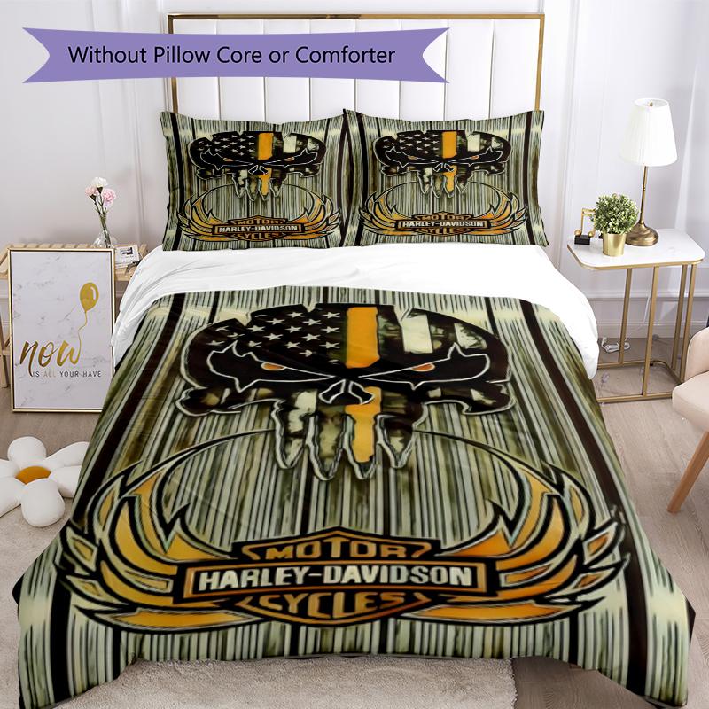 3pcs Duvet Cover Set (1*Duvet Cover + 2*Pillowcase, Without Core), Harley Davidson Print Soft All‑Season Bedding Set, Home Bedroom Decor Gift