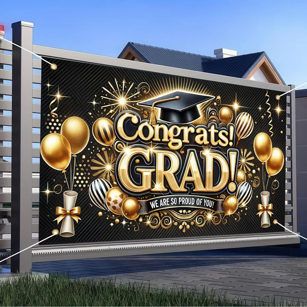 Graduation Banner Congratulations Class of 2025 Gold and Black Graduation Backdrop Supplies 71*43 Inches