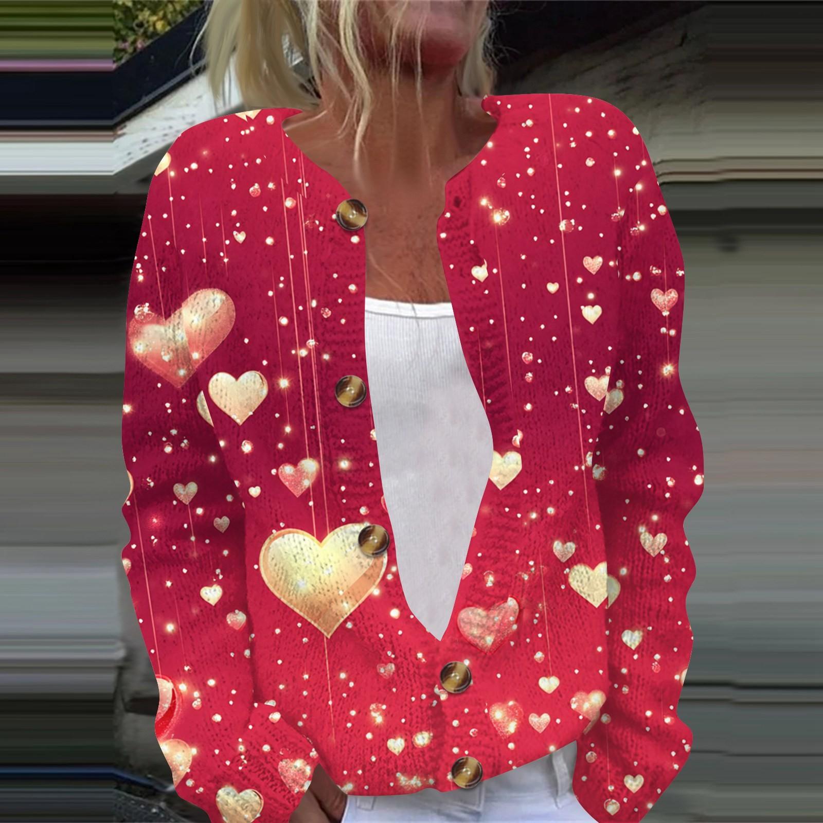 

Жіночий модний в язаний жакет на ґудзиках з довгим рукавом і принтом із сердечками на День святого Валентина XL рожевий