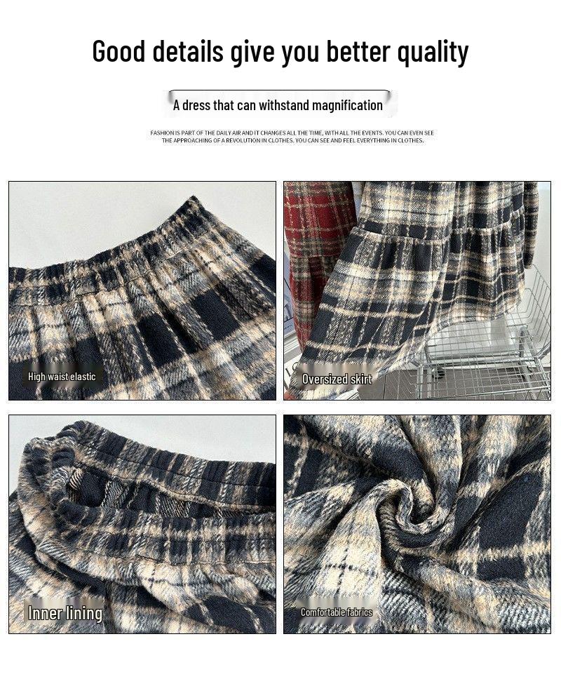 Retro Red Plaid Woolen Midi Skirt with Elastic Waist and Big Swing