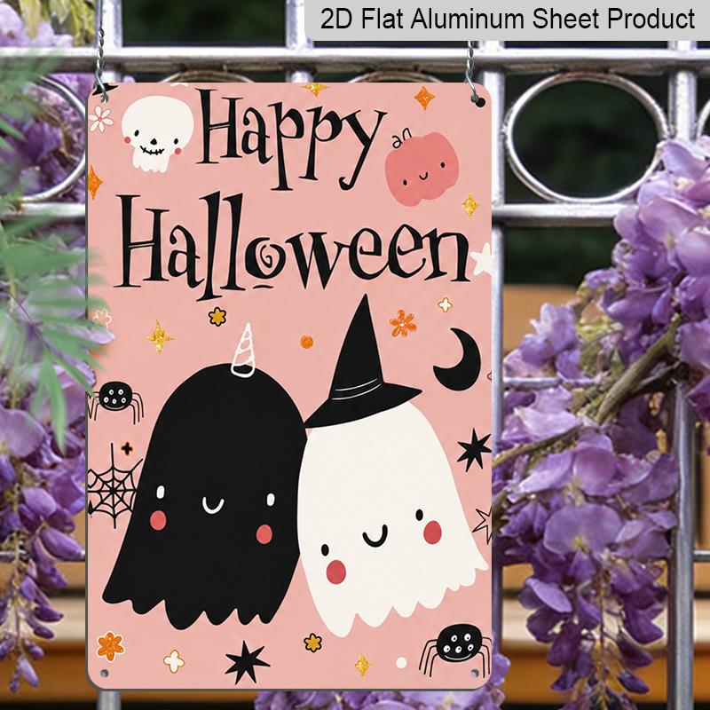2D Flat Cute Pink Happy Halloween Ghost Metal Sign - 8.0x12.0inch Aluminum Wall Art, Soft Pastel Halloween Decor for Home, Porch - Easy Install with