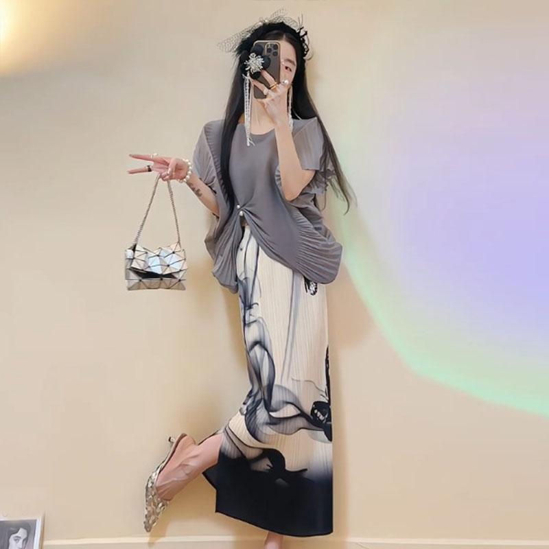 

Модная плиссированная полуюбка со складками, узкая юбка А-силуэта с высокой талией, комплект с короткими рукавами, новый летний стиль для женщин One Size серый