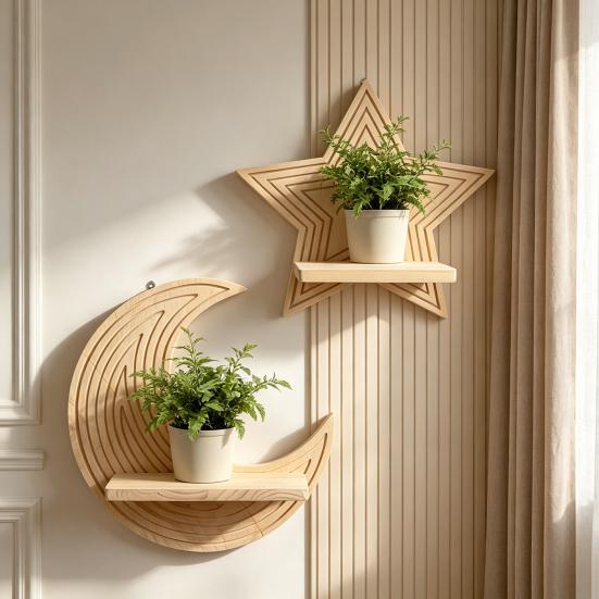 Moon Star Wall Shelf Boho Wooden Floating Wall Shelves Wall Mounted Plant Holder for Living Room Bedroom Modern Home Decor