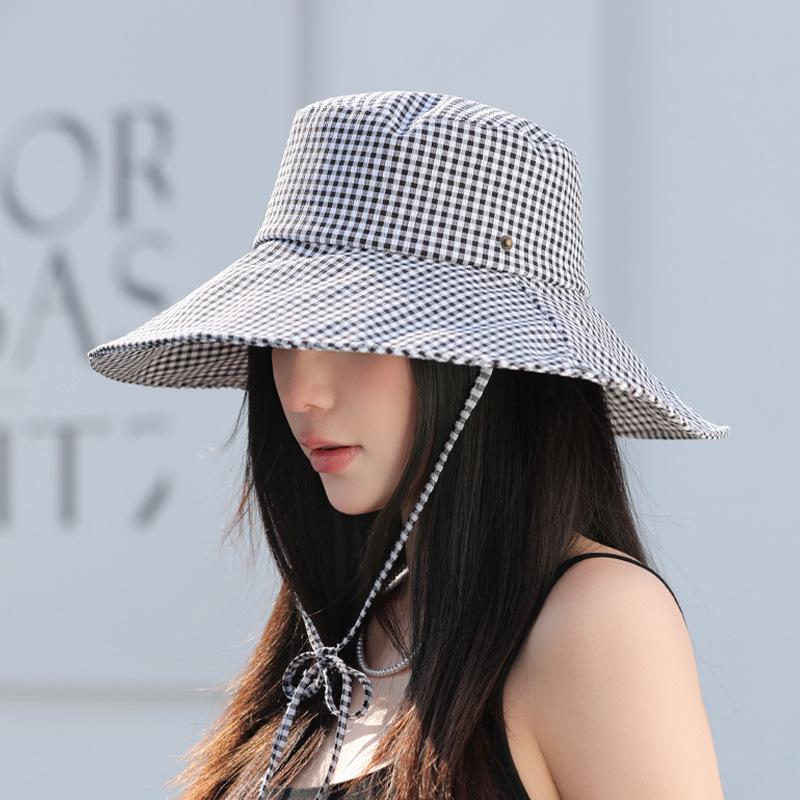 Plaid big eaves hat children summer outdoor travel sunshade bucket hat show face small versatile sunscreen sun hat