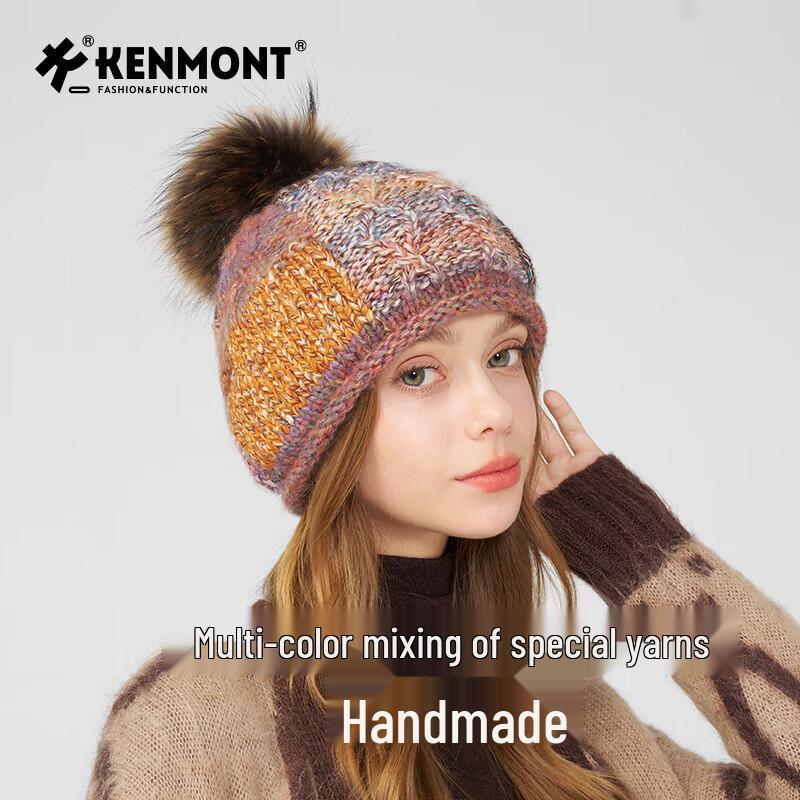 Женская шерстяная шапка Kenmont с помпоном из меха енота 57-59cm