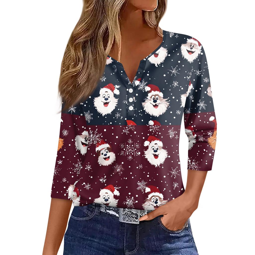 Women's T Shirt Tee Christmas Printed Button 3/4 Sleeve Tunic Daily Weekend Fashion Basic V- Neck Regular Top