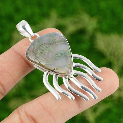 Friendship Day Sale Solar Moss Agate Stone Unique Bezel Pendant Sterling Silver