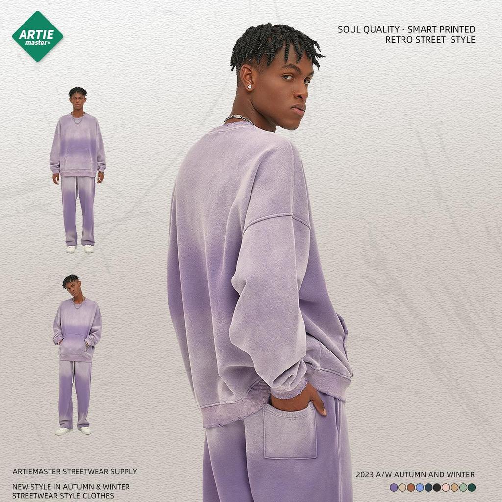 ARTIE Herren 2023 Herbst/Winter Distressed Rundhals-Sweatshirt, 360g Sprühgefärbt und gewaschen