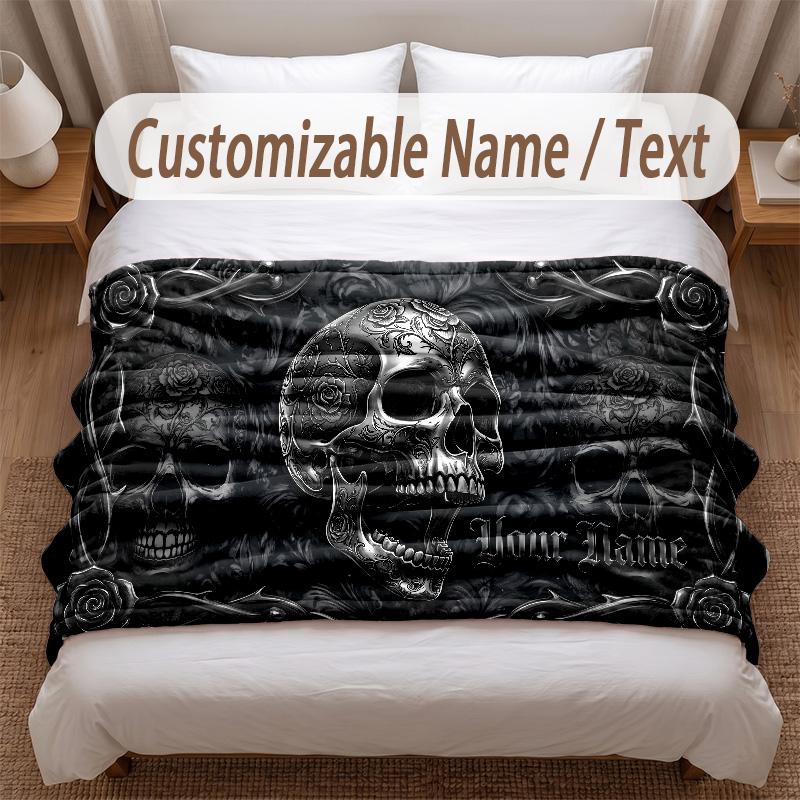 Skull Gothic Theme Soft Blanket Personalized Custom Name Text Print Warm Blanket Home Sofa Bedroom Decor
