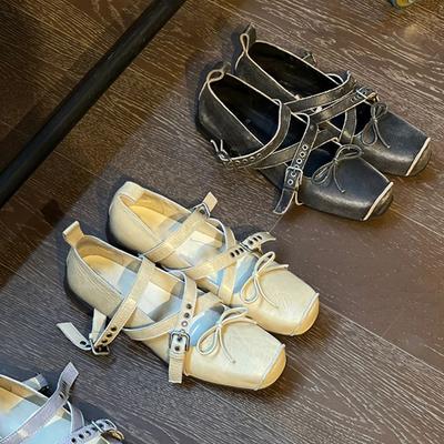 Version cuir de vache~ Version coréenne de ballerines Mary Jane à bout carré et nez de cochon pour femmes, chaussures simples à nœud bouche légère à la française, chaussures pour femmes à talon épais