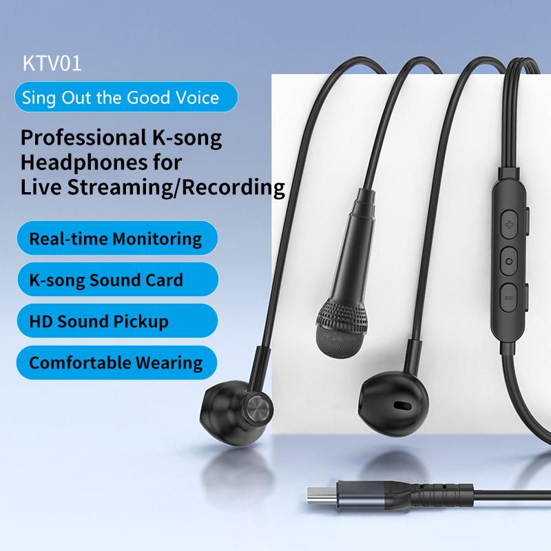 Type-C For Live Broadcast Karaoke Earphones With Sound Card Headphones With 2 HD Mic In-ear Surround Sound Headsets for Samsung