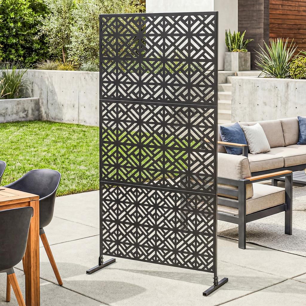 Outdoor Privacy Screen Panel, 3 Panels, Geometric Metal, 92 X 40 X 192 Cm, Black