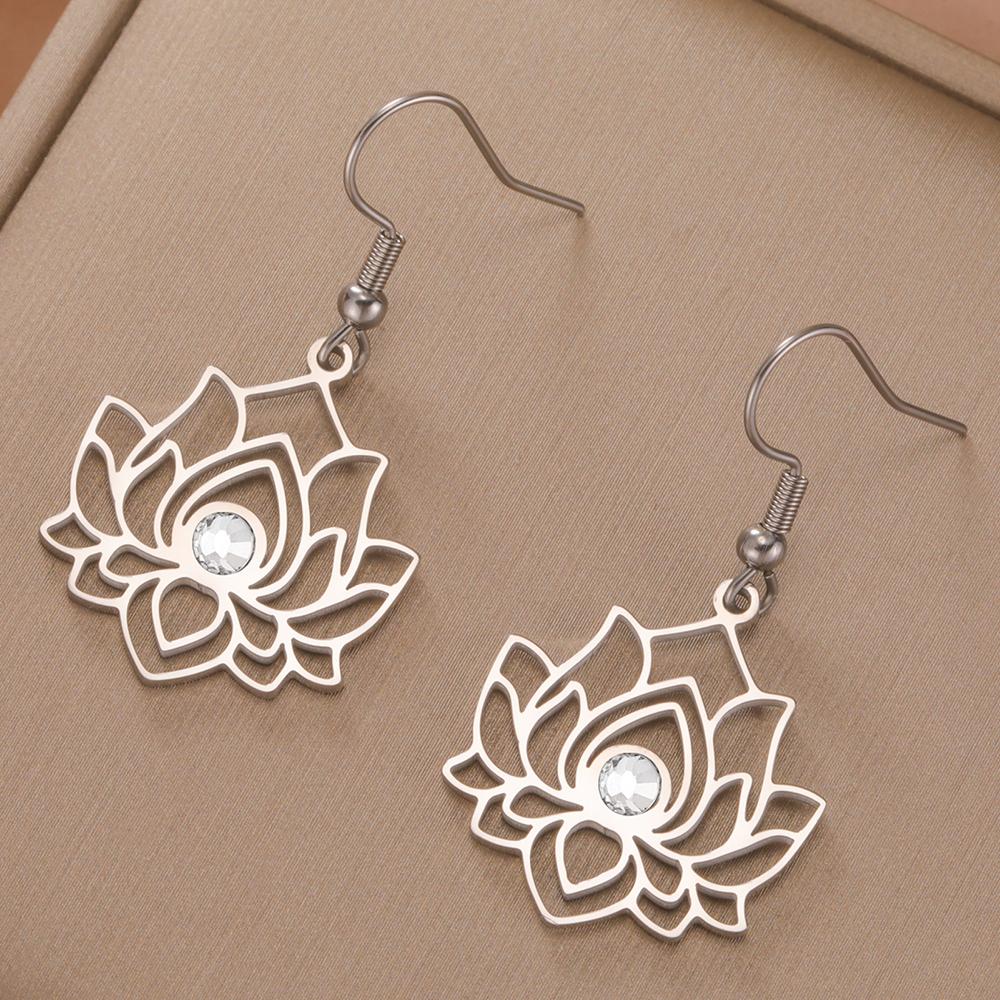Dawapara Lotus Flower Earrings Zircon Spiritual Lotus Healing Charms Buddhist Yoga Jewelry Stainless Steel Dangle Earrings