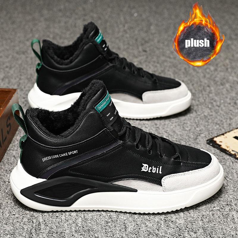 2024 European New Winter Men Boot Plush Inside High Tops Genuine Leather Casual Flat Shoes Street Trend Sneakers