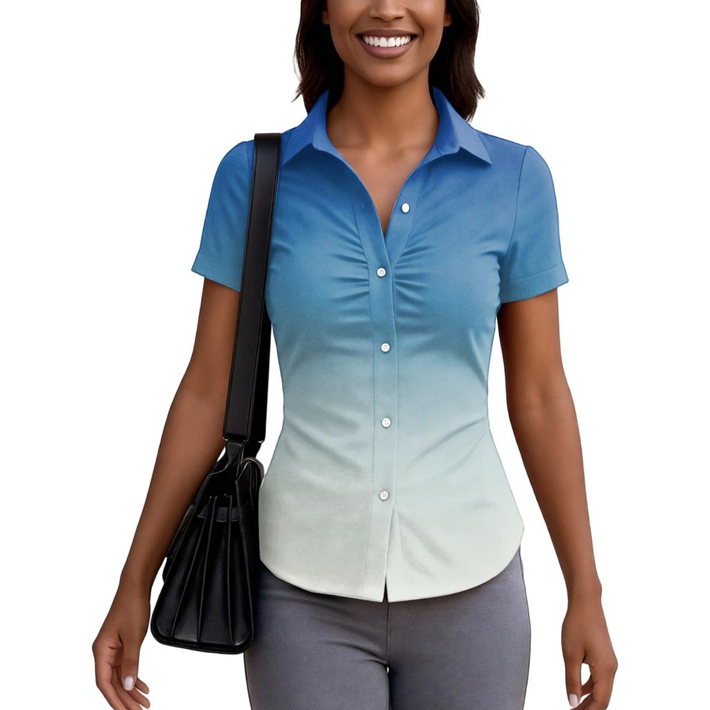 Women's Short Sleeve Button Down Shirt Slim Fit Collared Business Casual Office Blouse Tailored Top for Summer Workwear