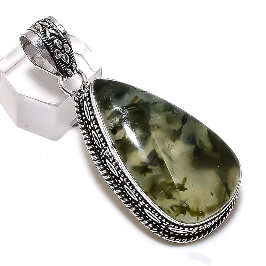 Natural Prehnite Gemstone Handmade 925 Sterling Silver Pendant 2.25" q7p96