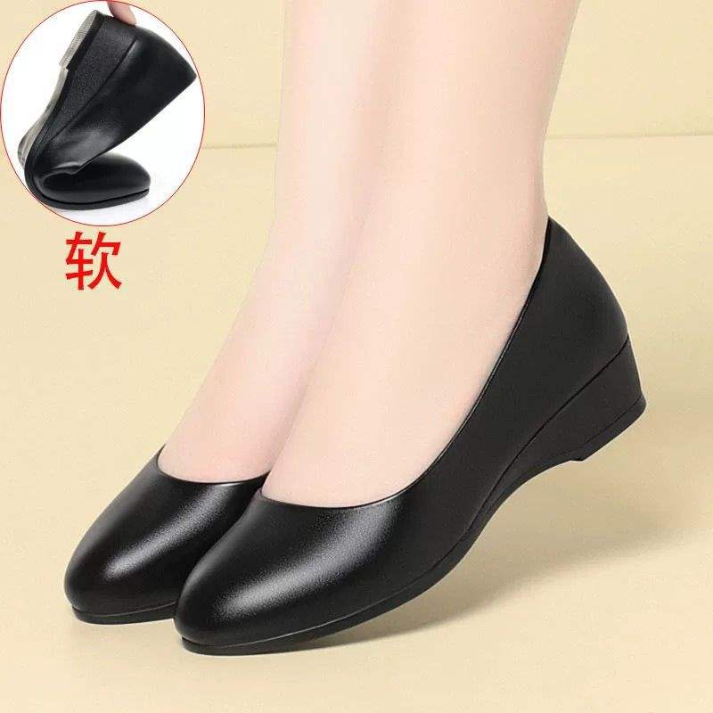 Stewardess Jiu Station non-slip soft-soled leather shoes flat-soled wedge heel work shoes women's black work professional single shoes spring and
