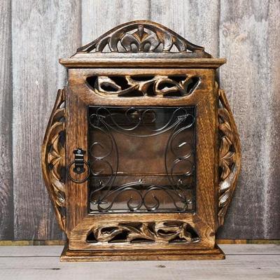 Wood Key Holder Cage Design with Flower Gate Antique Key Chain Organizer Rustic Wall Hanging 6 Key Hooks Holder Home, Office Decor