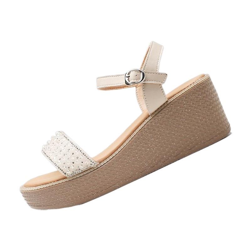 Wedge Heel Sandals Women's 2025 New Summer One-word Sandals Wear Thick-soled Rhinestones with Skirts Beach High Heels
