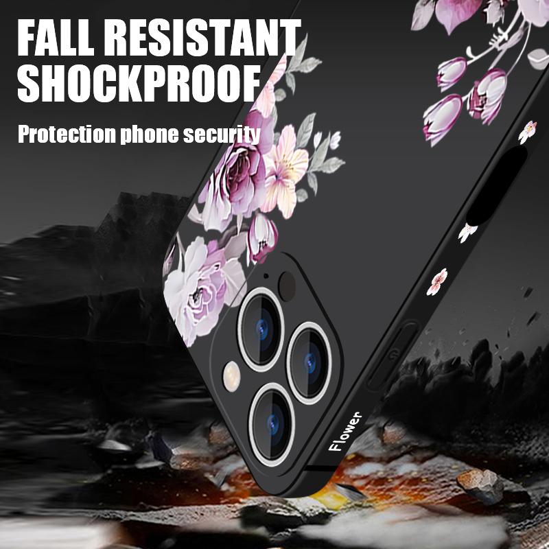 Carcasă rezistentă la șocuri cu model floral violet pentru iPhone 16 Pro Max 15 Pro 14 13 12 Mini 11 XS XR 8 7 Lanyard TPU Lens Protection Matte Soft Phone Cover