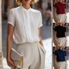 Women S French Stand Collar Short Sleeve Shirt Casual Commute Top